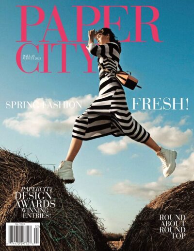 Woman in striped dress posing mid-jump against a sky backdrop, with text overlays for magazine content.