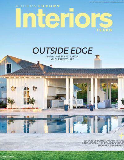 Elegant residential poolside area with stylish outdoor furnishings, featured on the cover of modern luxury interiors texas magazine.